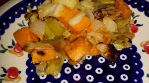 Leek, cabbage, sweet potato roasted dish
